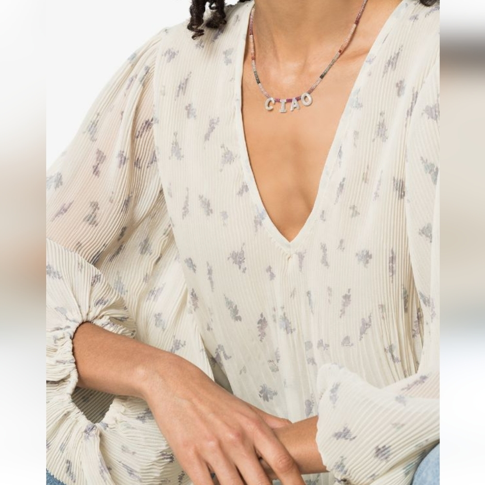GANNI Floral Georgette Top With Balloon Sleeves and Plisse Tucks size 36 4 US - Picture 5 of 12